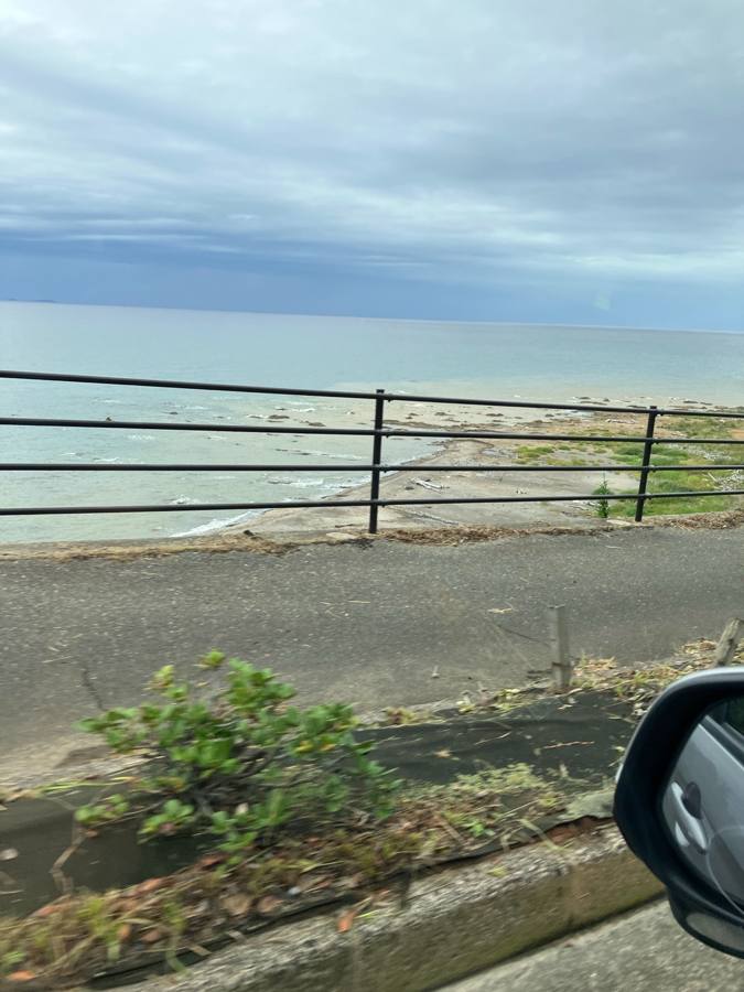 車窓から見る海岸沿いの道